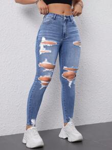 SHEIN Essnce 女士破洞修身牛仔褲 - 藍色 - 查看 6