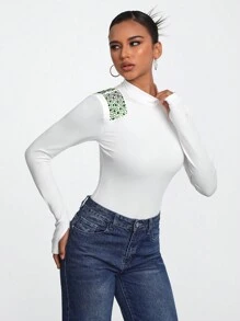 FABIOLA Designer Glittery Sparkle Sequined Wide Strap Backless Bodysuit, For Holiday, Festival - White - View 5