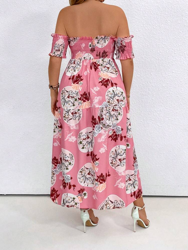 Plus Size Full Printed Off Shoulder Bodycon Dress