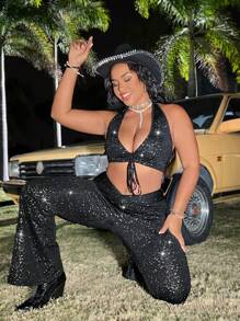 Flirla Top Halter Plus Size Prata Com Nó Na Frente E Calças Flare - Preto - Visão 6