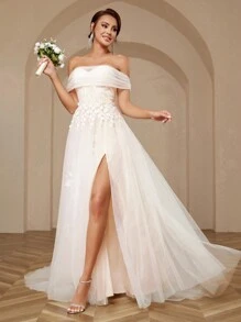 SHEIN Belle Elegant And Gorgeous White Color Block Women's Off-Shoulder Off-Shoulder Lace Mesh Splicing A-Line High Slit Dress Suitable For Wedding Floor-Length Wedding Dress
