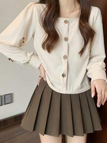 女士时尚纯色长袖纽扣领衬衫、长袖上衣 - 杏色 - 查看 4