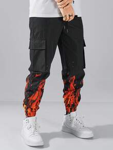 Manfinity EMRG 男火印花彈性褲腳工裝褲 - 黑色 - 查看 3