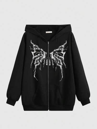 Fairycore Butterfly Print Zip Up Hoodie, School,Long Sleeve Tops Graduation,Back To School Outfits,Graduation,Teacher Outfits For Women,Back To School