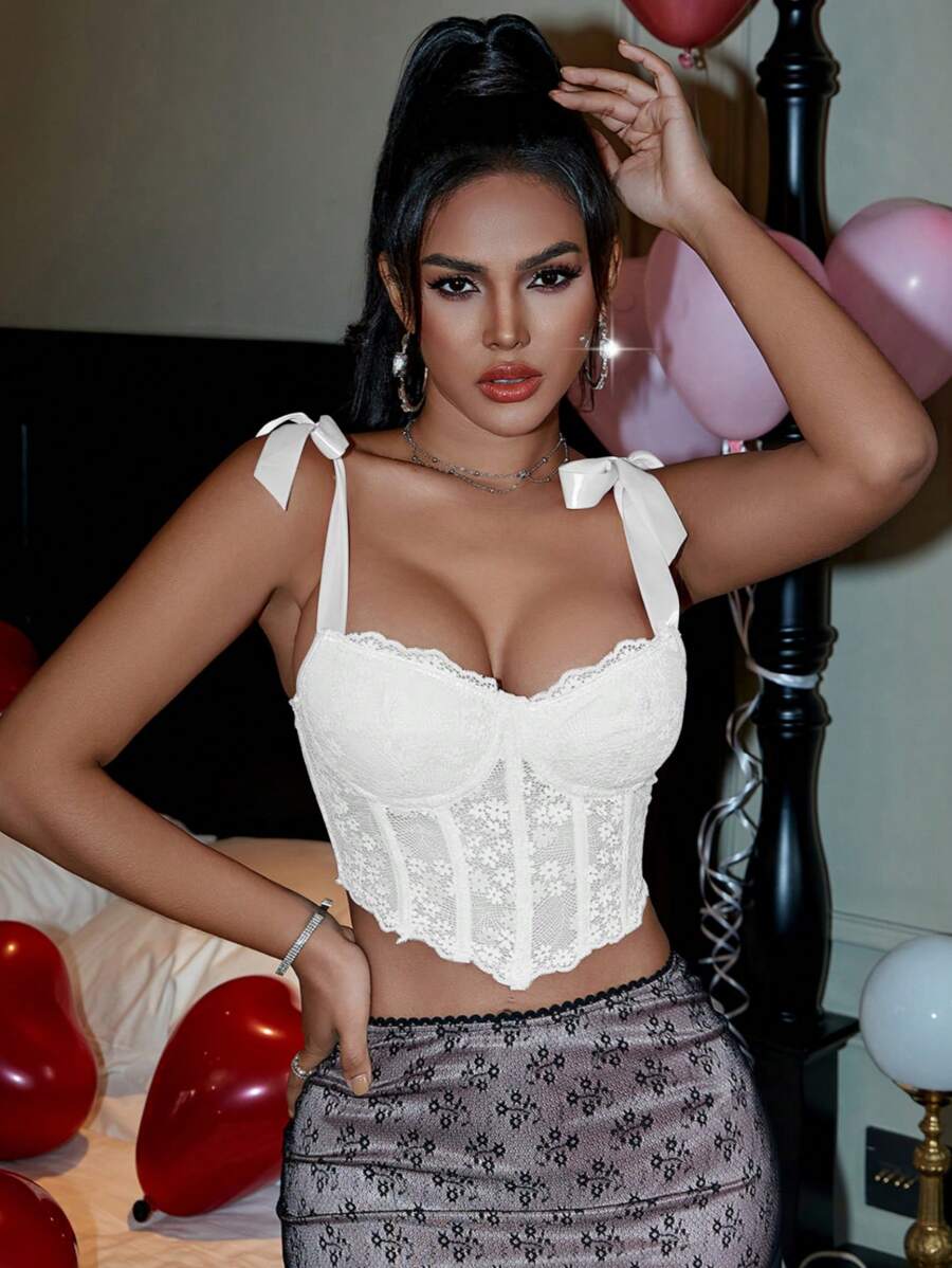 Apperloth A Vintage Floral Lace Tie Shoulder Open Back Boned Bustier Corset Bodyshaper Crop Top Elegant Sexy Music Festival - trắng - Xem 1