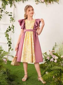 SHEIN Vestido de jacquard tejido para niña adolescente con bordado de parches de diferentes colores y volantes en el dobladillo, con cintura elástica - Rosa vieja - Ver 6