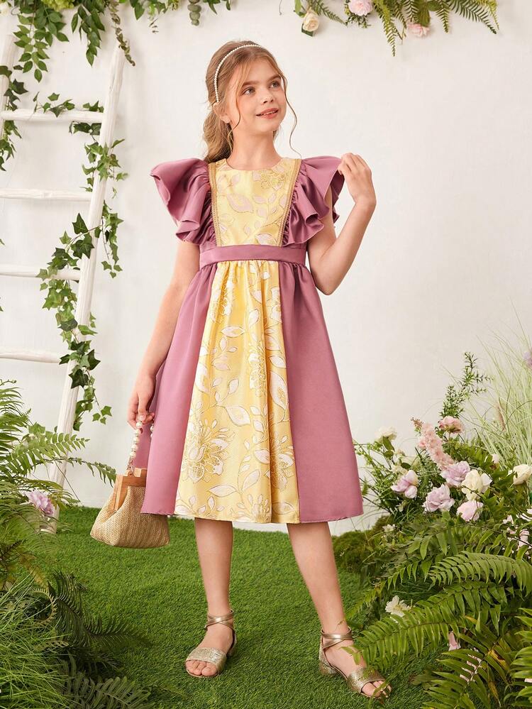 Tween Girl's Woven Jacquard Contrast Color Patchwork Ruffle-Hem Dress With Elastic Waist