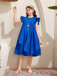 SHEIN Leap Crew Tween Girls' Loose Cute Cap Sleeves Round Neck Asymmetrical Ruffle Hem A-Line Dress - Blue - View 3