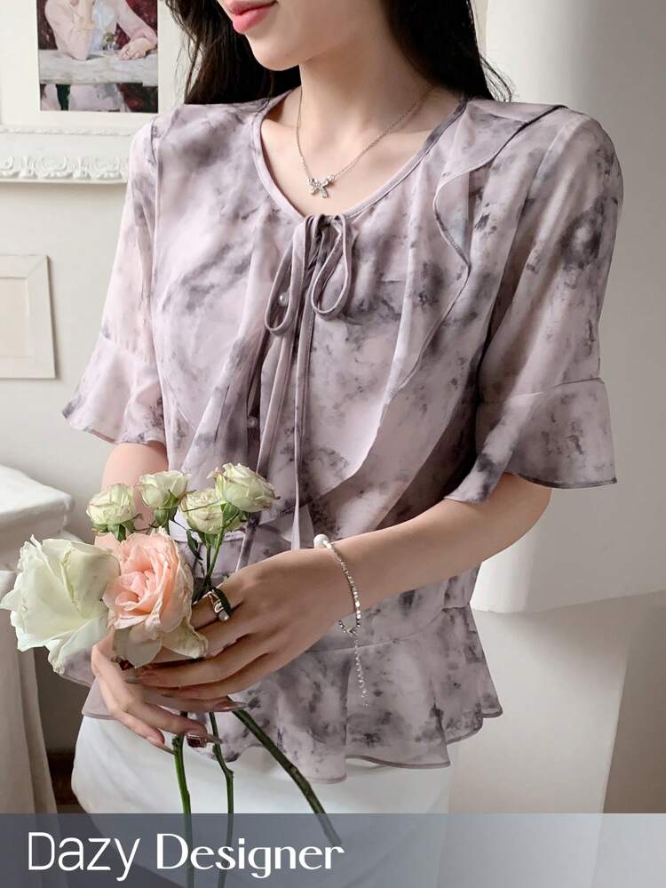 Women's Tie-Dye Wrap Design Ruffle Trim Decorated Blouse