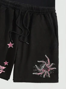ROMWE MEN Street Life Men's Spider Stars And Letter Printed Short Sleeve T-Shirt And Shorts Set, Halloween - Black - View 3