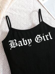 SHEIN 適合春夏季穿著的女孩休閒針織字母印花無袖連體褲 - 黑色 - 查看 4