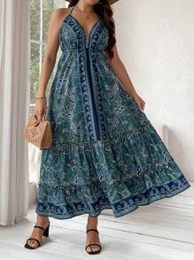 SHEIN Holidaya 印花v領寬鬆坦克裝連衣裙（大尺碼） - 彩色 - 查看 6