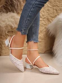 Women's High-Heeled Shoes: 5cm Chunky Heels, Comfortable Pointed-Toe Sandals, Mesh Breathable Dual-Purpose Shoes - Beige - View 1
