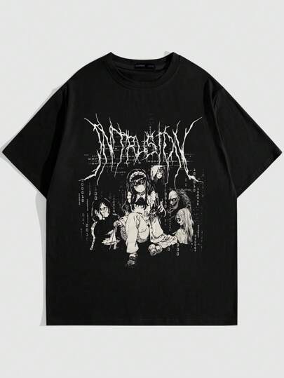 Anime Men's Cartoon Character & Letter Print Round Neck Short Sleeve T-Shirt, School, 2000s Style