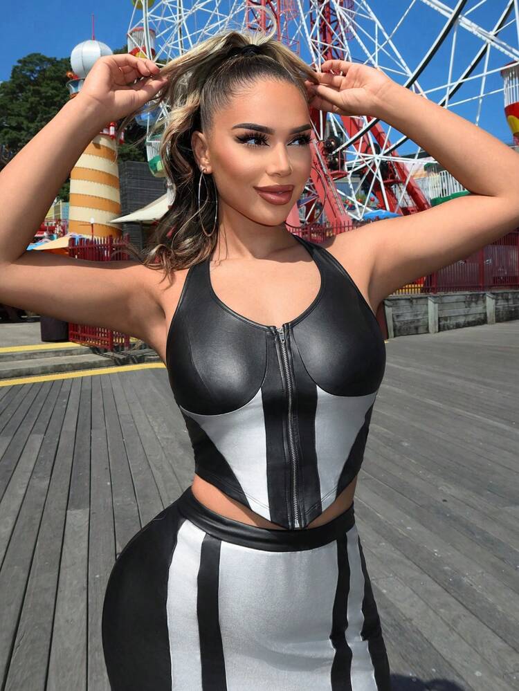 Music Festival Country Concert  Casual Summer Colorblock Zipper V-Neck Sleeveless Top With Lanyard