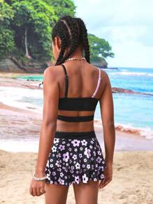 Tween Girls' Color-Block Cross Back Bikini Set With Separated Swimwear Briefs And Rash Guard, 3pcs