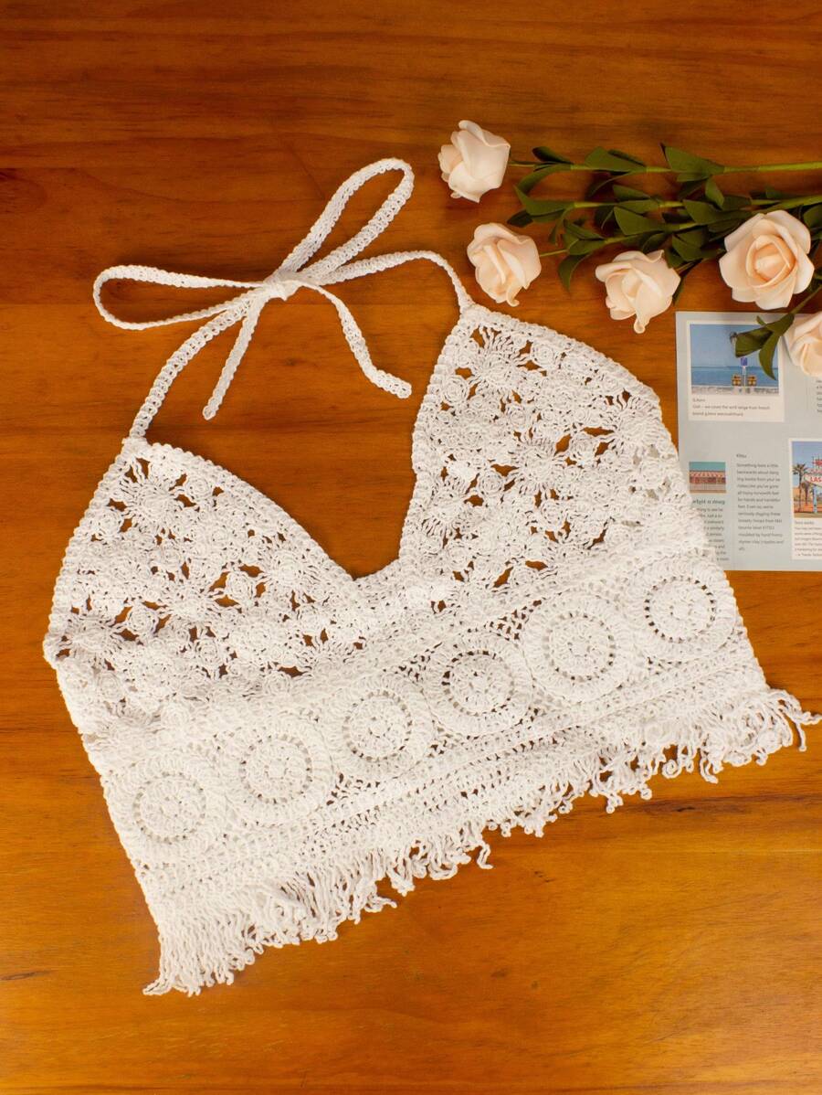 SHEIN Swim 女士纯色镂空露背系带腰带罩衫夏季 - 白色 - 查看 1