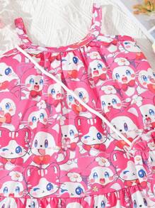 Baby Girl's Cute Pink Cat Printed Dress For Spring And Summer - Pink - View 4