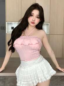 Dazy Designer Của phụ nữ Halterneck Kết cấu Thiết kế Wrapped Màu hồng Áo ba lỗ - Hồng - Xem 9