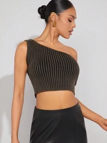 Hauture One Shoulder Lace Up Ribbed Knit Top - Black - View 4