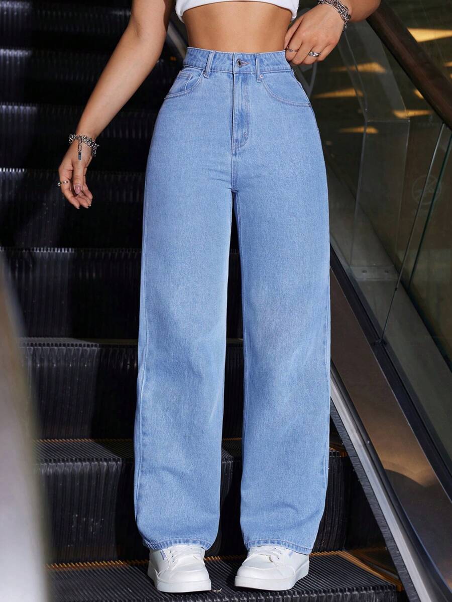 SHEIN PETITE Women's Casual High Waist Straight Leg Jeans, Versatile For Daily Commute - Light Wash - View 1