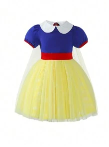 SHEIN Glamorique Kids Young Girl Colorblock Mesh Princess Dress With Bubble Sleeves Summer Holiday