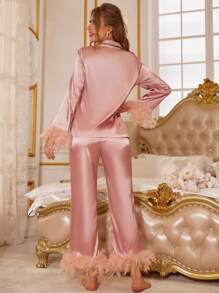 Slumberist Bộ đồ ngủ bằng vải satin viền lông vũ, trang phục thu đông ấm áp và thanh lịch - Hồng - Xem 7