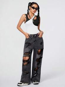 SHEIN Coolane 女士色塊拼接解構袖短連身衣 - 黑與白 - 查看 6