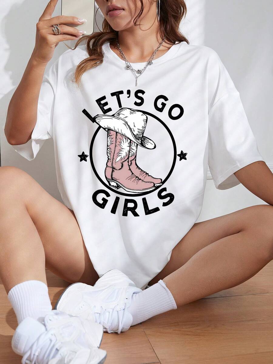 SHEIN EZwear Của phụ nữ Ngôi sao In Vòng cổ Áo thun Với Slogan - trắng - Xem 1