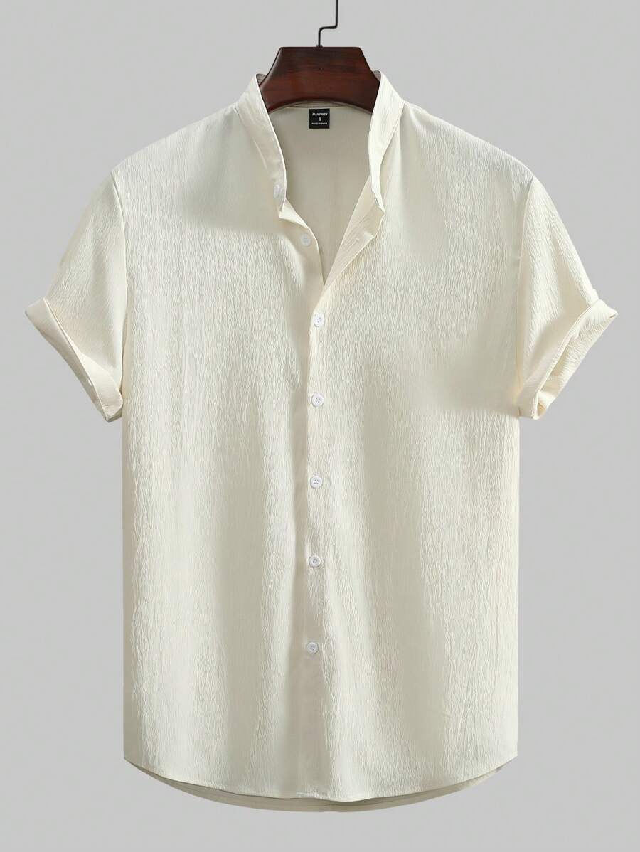 Manfinity Homme Men's Solid Color Stand Collar Short Sleeve Shirt - Beige - View 1