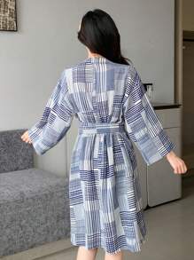 DAZY Pijamale lungi, casual, cu imprimeu în carouri, lejer - Albastru - Vizualizare 2