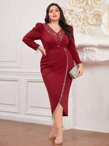 Modelyn Burgundy Red Plus Size Women's Puff Long Sleeve Dress With Rhinestones - Burgundy - View 3