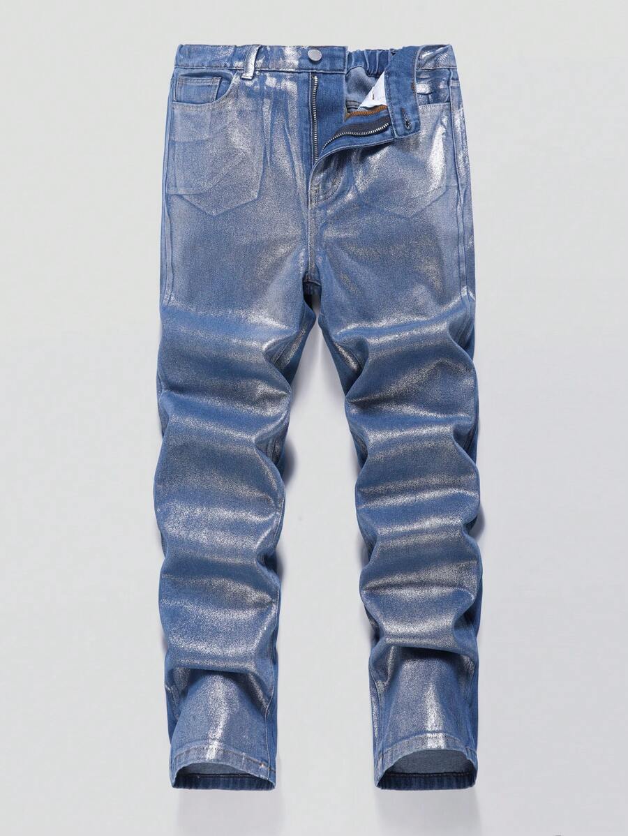 SHEIN Teen Boy Stylish Metallic Washed Loose Straight Leg Blue Jeans,For Summer Outfits - Dark Wash - View 1