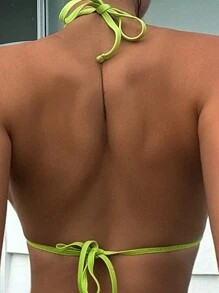 Swim SXY Summer V-Neck Halter String Bikini Set With Separated Bottoms - Green - View 3