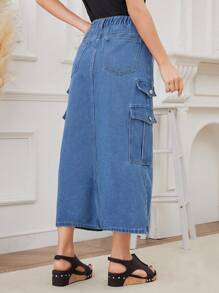 SHEIN X SAMADHI SHEIN LUNE Summer Casual Flap Pocket Slit Front Denim Skirt
