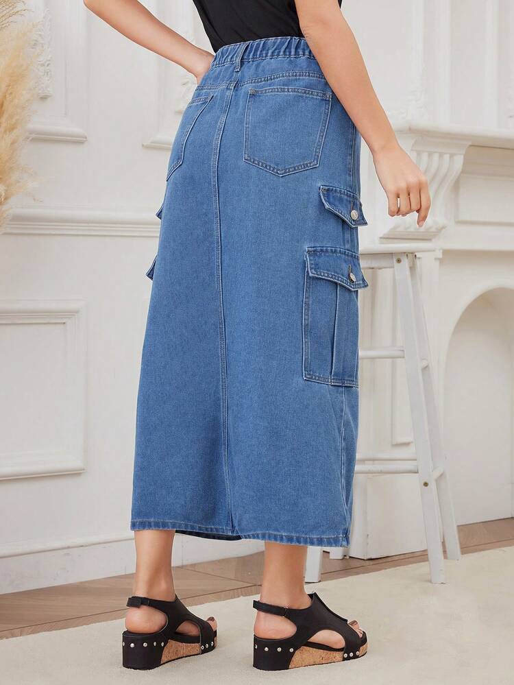 Summer Casual Flap Pocket Slit Front Denim Skirt