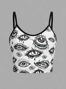 ROMWE Grunge Punk 眼睛印花对比绑带吊带背心，学校 - 黑與白 - 查看 1