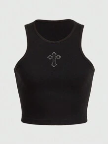 ROMWE Grunge Punk Cross Pattern Rhinestone Tank Top, School - Black - View 6