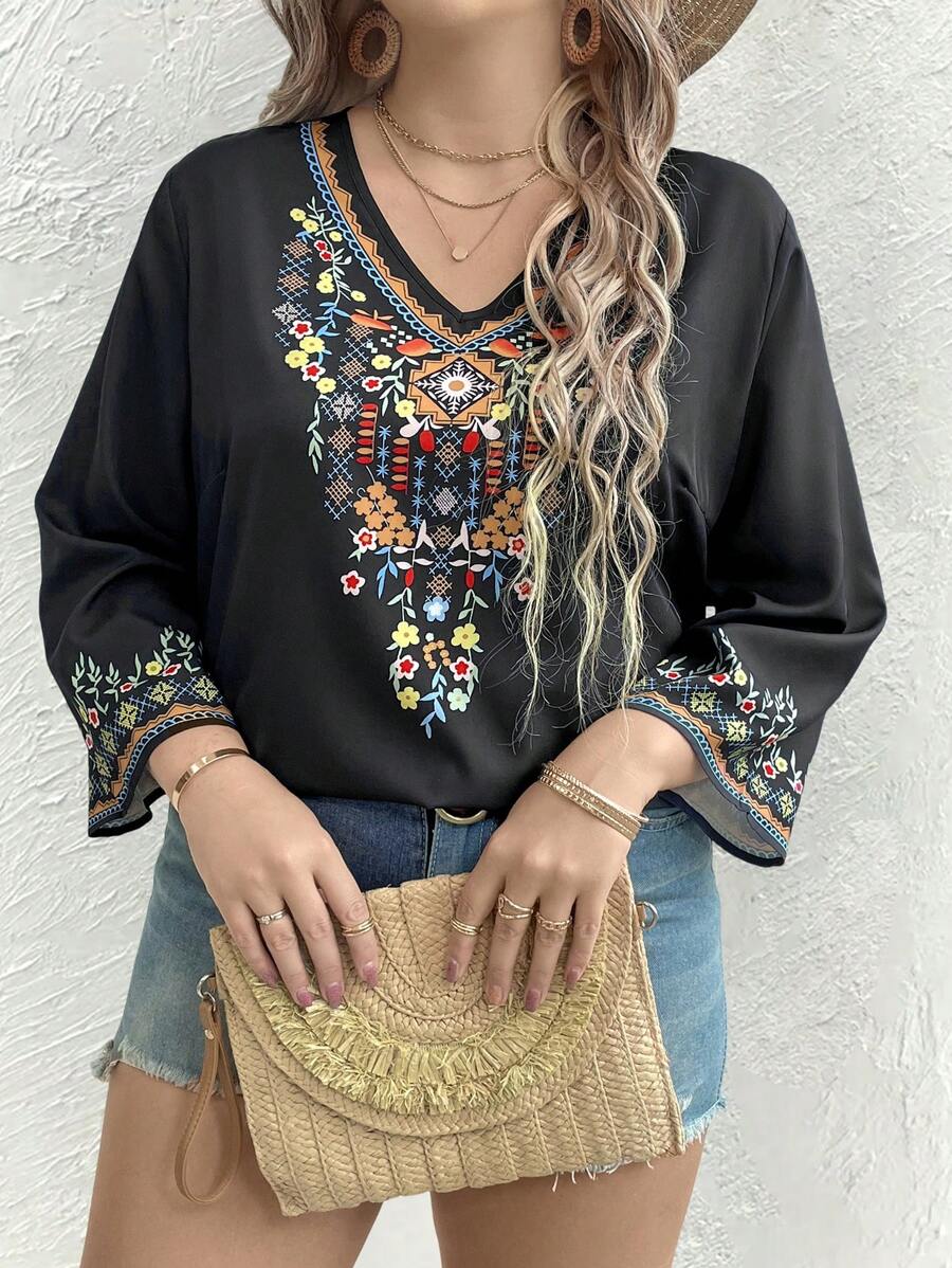 SHEIN LUNE 大尺碼女士刺繡三分袖襯衫