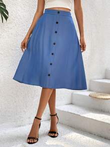 SHEIN Essnce Của phụ nữ Nút đơn Khép kín Váy Với Túi - Màu xanh lam - Xem 3