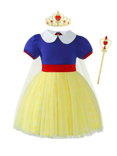 SHEIN Glamorique Kids 少女拼色網紗泡泡袖公主裙