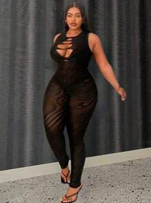 Maweii 大碼中空網眼緊身連體褲 - 黑色 - 查看 3