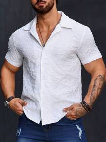 Manfinity Homme Áo sơ mi nam ngắn tay đơn có khuy Jacquard, kiểu dáng ôm vừa vặn toàn màu trắng cho chồng thường ngày - trắng - Xem 7