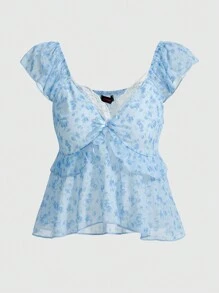 ROMWE Kawaii Mermaid Ditsy Floral Ruffle Trim Bow Front Peplum Blouse - Blue - View 1