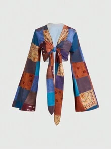 ROMWE Hippie 色塊拼接圖案前繫帶短款襯衫 - 彩色 - 查看 1