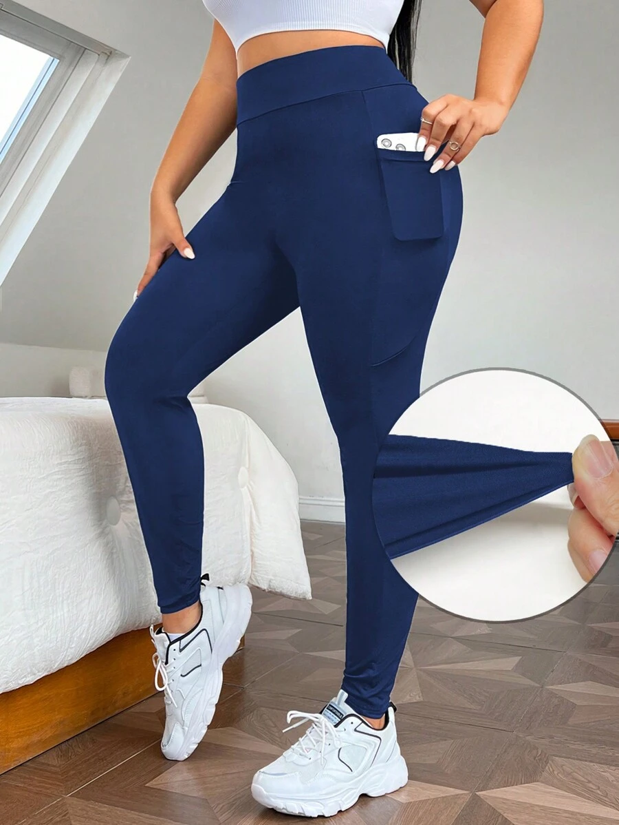 SHEIN EZwear Plus Size Women's Solid Color Pocket Leggings - Blue - View 1