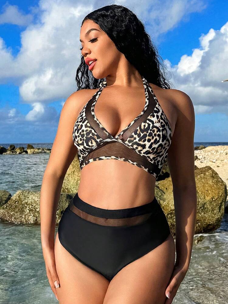 Women's Leopard Print Mesh Halter Top With Solid Color Triangle Bottom Bikini Set Summer