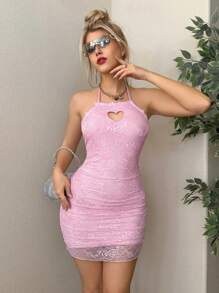 Sweetina Y2k Summer Pink Slim Fit Heart-Shaped Hollow Out, Rhinestone Trim, Lace Fabric Halter Neck Dress,Spring Outfits,Concert Outfits,Prom Dress
