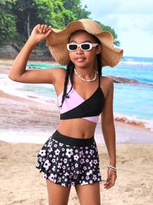 Tween Girls' Color-Block Cross Back Bikini Set With Separated Swimwear Briefs And Rash Guard, 3pcs