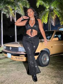 Flirla Top Halter Plus Size Prata Com Nó Na Frente E Calças Flare - Preto - Visão 5